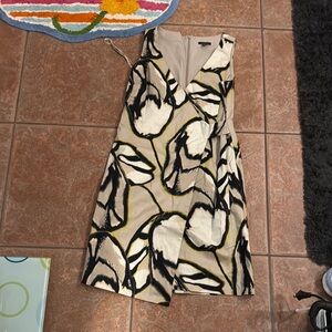 Ann Taylor Asymmetrical Dress with Black and Cream Leaf Pattern